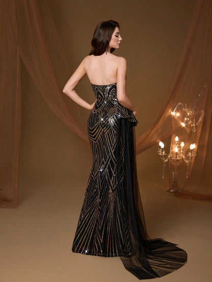 Black Strapless Mermaid Dress With Ruffle Hem, Elegant Ladies Summer Ball Gown, Bridesmaid Dress With Train, Suitable For Party And Holiday