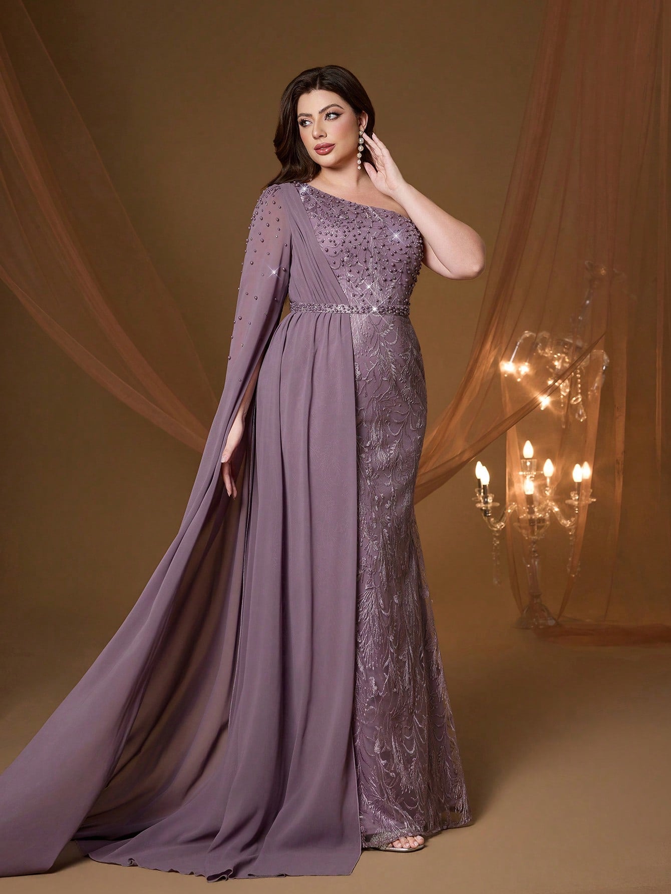 Anpoket Plus Size Mauve Floral Embroidered One Shoulder Cape Sleeve Mermaid Maxi Dress,Elegant Women's Summer Gown For Prom,Party & Festival Wedding