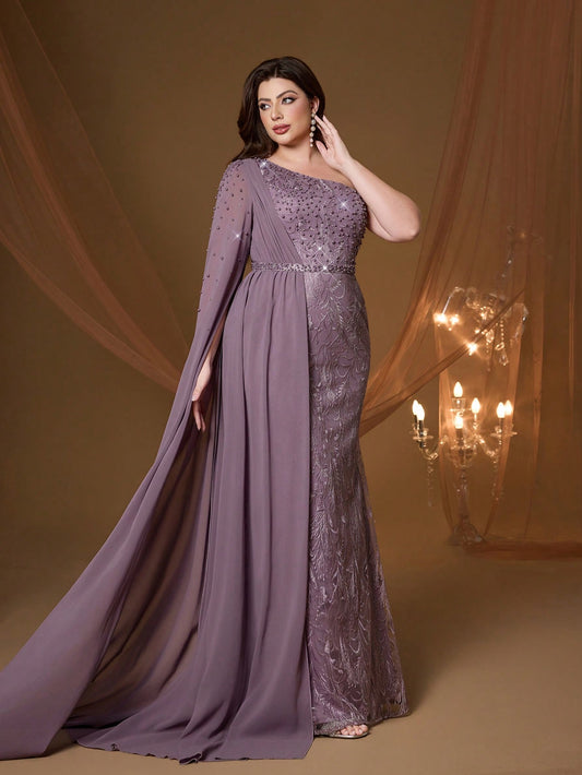Anpoket Plus Size Mauve Floral Embroidered One Shoulder Cape Sleeve Mermaid Maxi Dress,Elegant Women's Summer Gown For Prom,Party & Festival Wedding