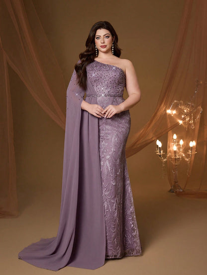 Anpoket Plus Size Mauve Floral Embroidered One Shoulder Cape Sleeve Mermaid Maxi Dress,Elegant Women's Summer Gown For Prom,Party & Festival Wedding