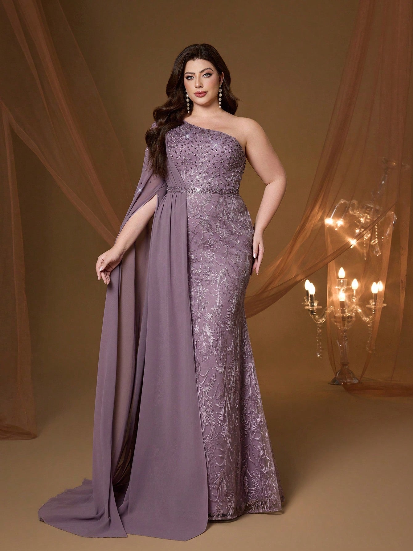 Anpoket Plus Size Mauve Floral Embroidered One Shoulder Cape Sleeve Mermaid Maxi Dress,Elegant Women's Summer Gown For Prom,Party & Festival Wedding
