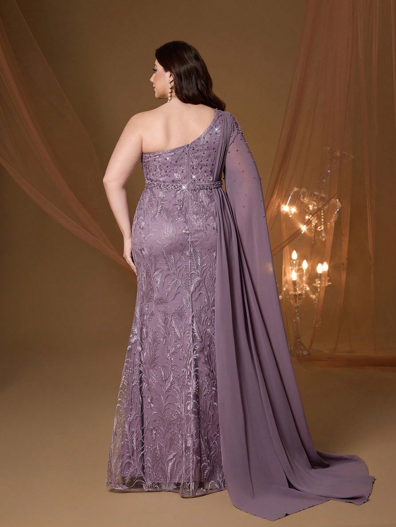 Anpoket Plus Size Mauve Floral Embroidered One Shoulder Cape Sleeve Mermaid Maxi Dress,Elegant Women's Summer Gown For Prom,Party & Festival Wedding