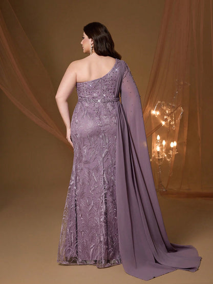 Anpoket Plus Size Mauve Floral Embroidered One Shoulder Cape Sleeve Mermaid Maxi Dress,Elegant Women's Summer Gown For Prom,Party & Festival Wedding