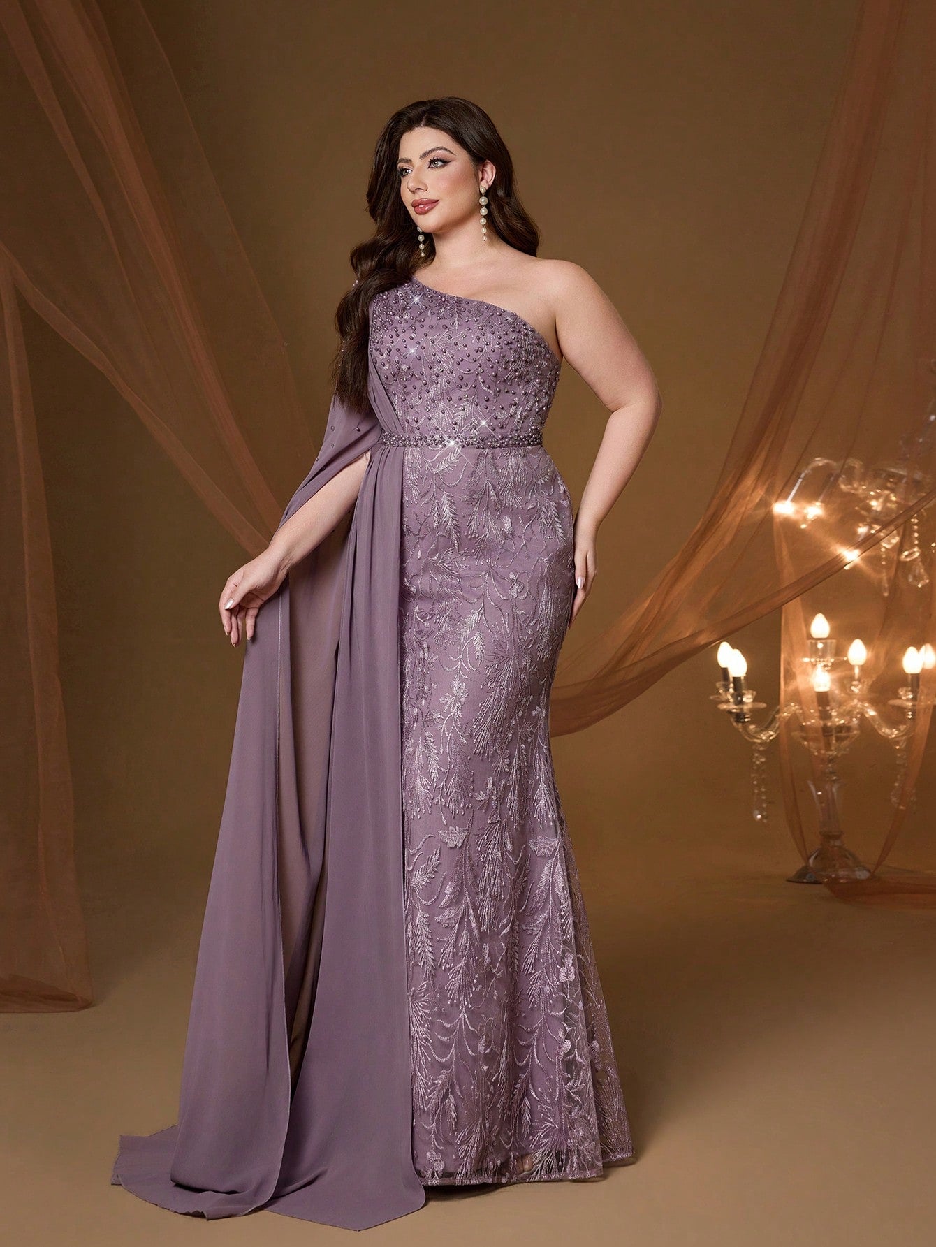 Anpoket Plus Size Mauve Floral Embroidered One Shoulder Cape Sleeve Mermaid Maxi Dress,Elegant Women's Summer Gown For Prom,Party & Festival Wedding