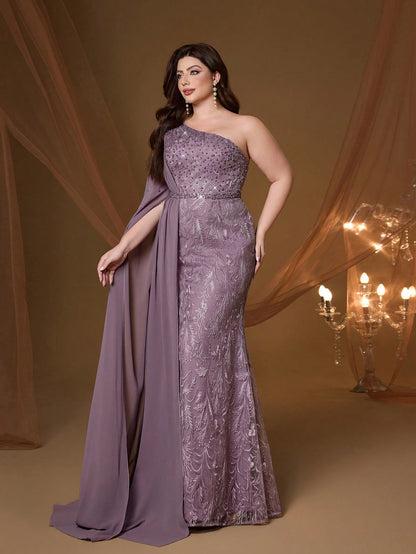 Anpoket Plus Size Mauve Floral Embroidered One Shoulder Cape Sleeve Mermaid Maxi Dress,Elegant Women's Summer Gown For Prom,Party & Festival Wedding