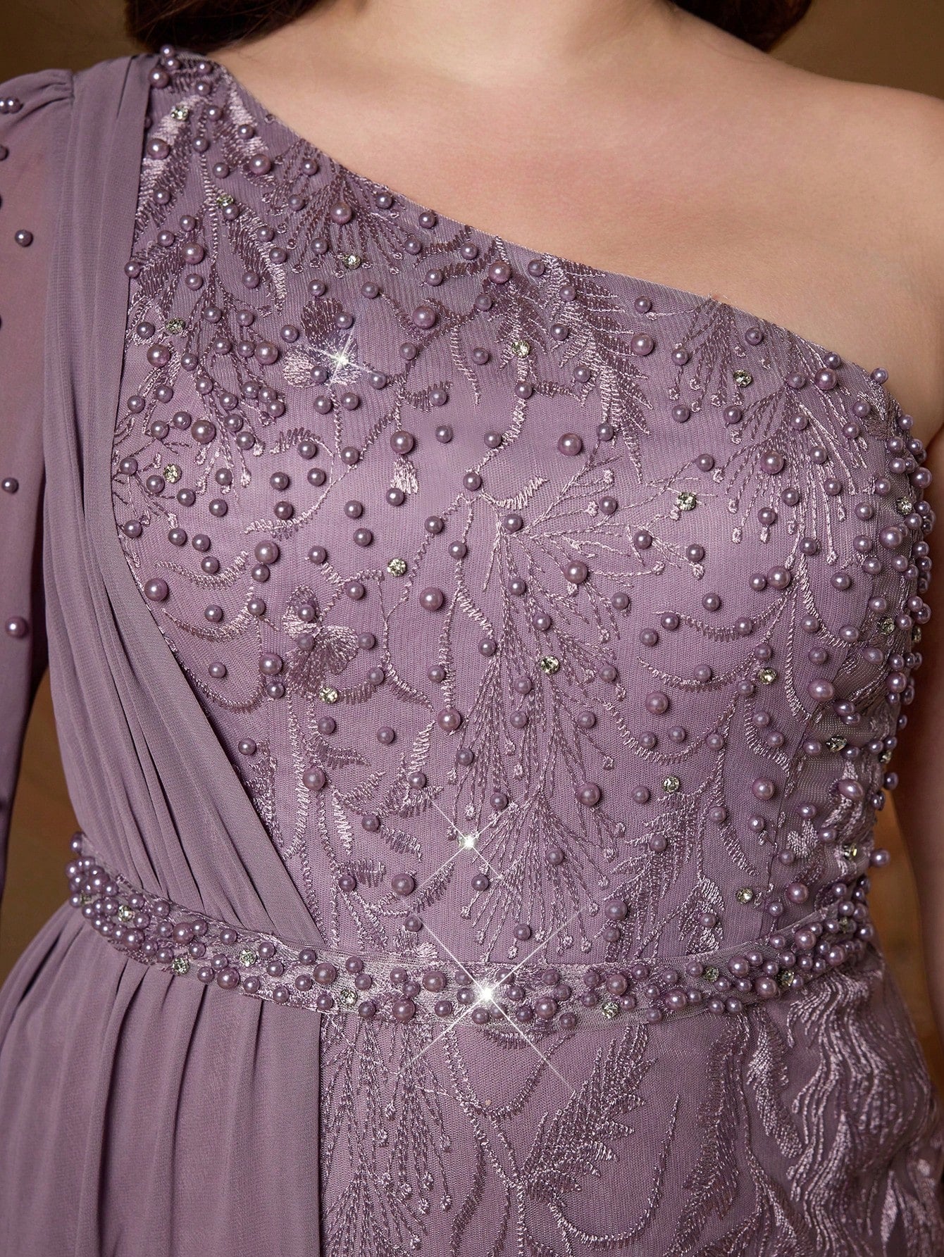 Anpoket Plus Size Mauve Floral Embroidered One Shoulder Cape Sleeve Mermaid Maxi Dress,Elegant Women's Summer Gown For Prom,Party & Festival Wedding