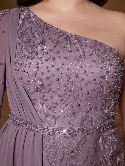 Anpoket Plus Size Mauve Floral Embroidered One Shoulder Cape Sleeve Mermaid Maxi Dress,Elegant Women's Summer Gown For Prom,Party & Festival Wedding