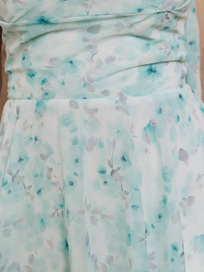 Women's Floral Chiffon Mini Dress, Strapless Ruched Bust With Detachable Neck Scarf, Backless Lace-Up For Wedding, Party, Summer Beach Vacation
