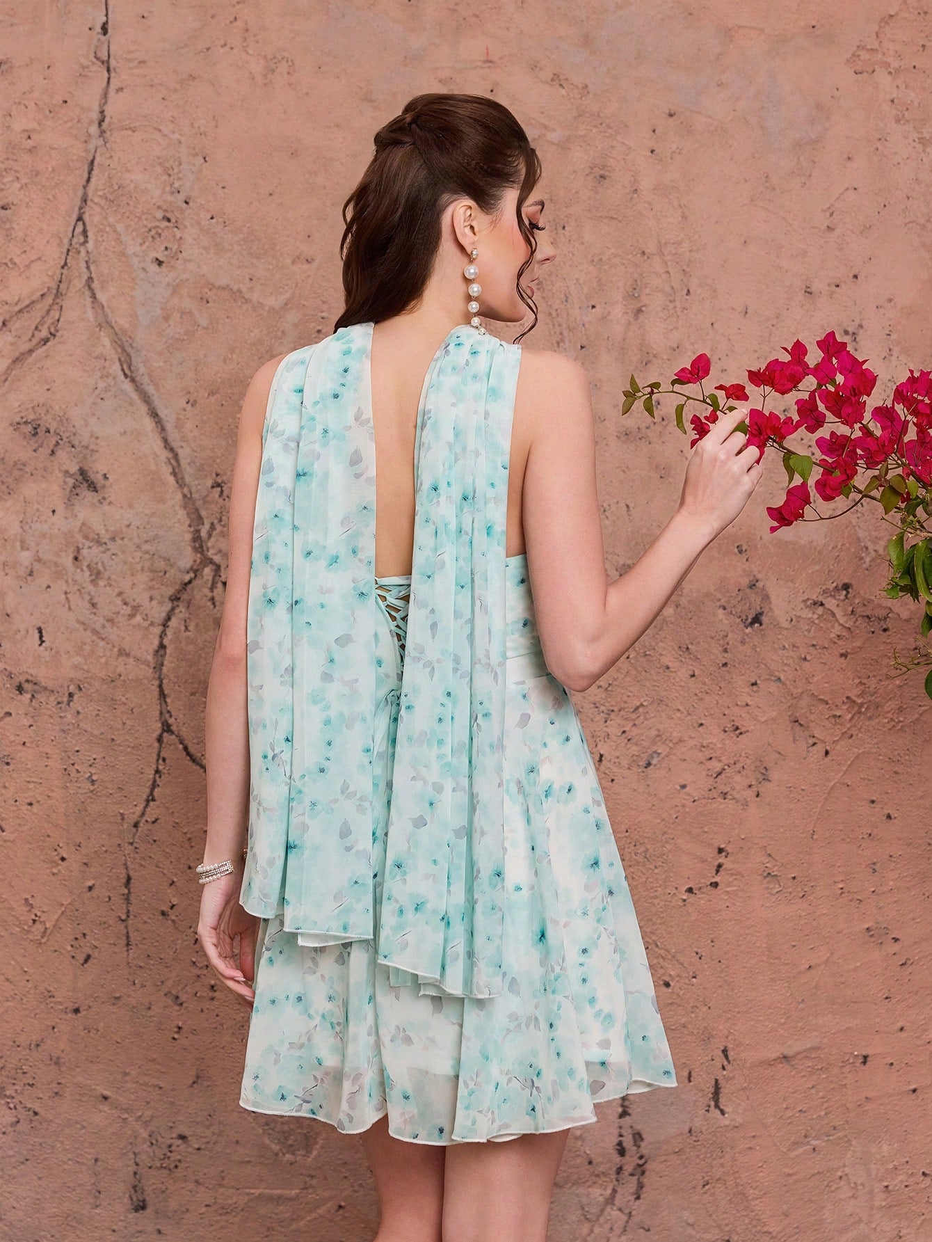 Women's Floral Chiffon Mini Dress, Strapless Ruched Bust With Detachable Neck Scarf, Backless Lace-Up For Wedding, Party, Summer Beach Vacation