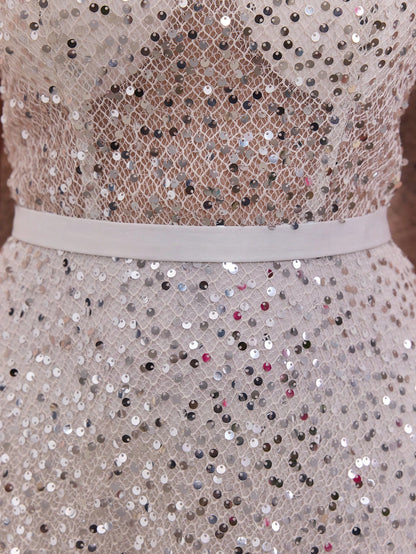 White Sequin Spaghetti Strap A-Line Dress, Elegant Ladies Summer Ball Gown, Suitable For Parties And Holidays