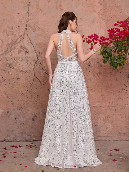 White Sequin Spaghetti Strap A-Line Dress, Elegant Ladies Summer Ball Gown, Suitable For Parties And Holidays