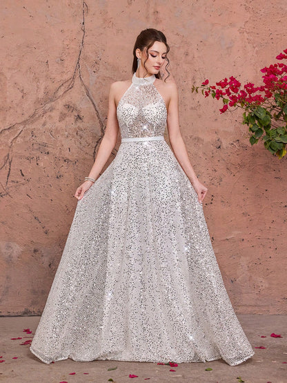 White Sequin Spaghetti Strap A-Line Dress, Elegant Ladies Summer Ball Gown, Suitable For Parties And Holidays