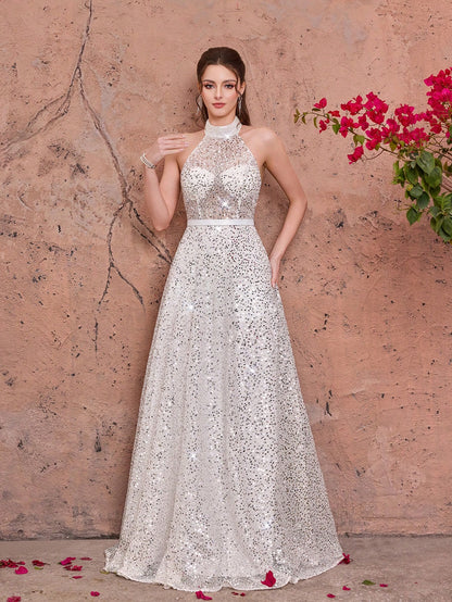 White Sequin Spaghetti Strap A-Line Dress, Elegant Ladies Summer Ball Gown, Suitable For Parties And Holidays