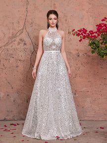 White Sequin Spaghetti Strap A-Line Dress, Elegant Ladies Summer Ball Gown, Suitable For Parties And Holidays