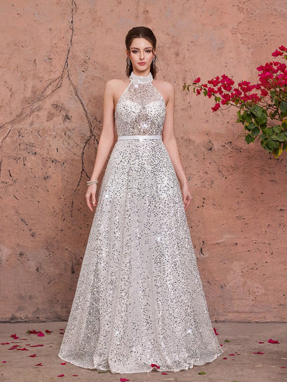 White Sequin Spaghetti Strap A-Line Dress, Elegant Ladies Summer Ball Gown, Suitable For Parties And Holidays
