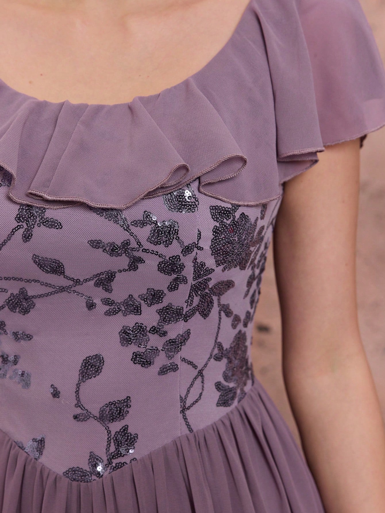 Light Purple Floral Sequin Chiffon Maxi Dress,Elegant Summer Gown For Wedding, Prom, Dinner, Party, Date, Vacation & Festival Outfits