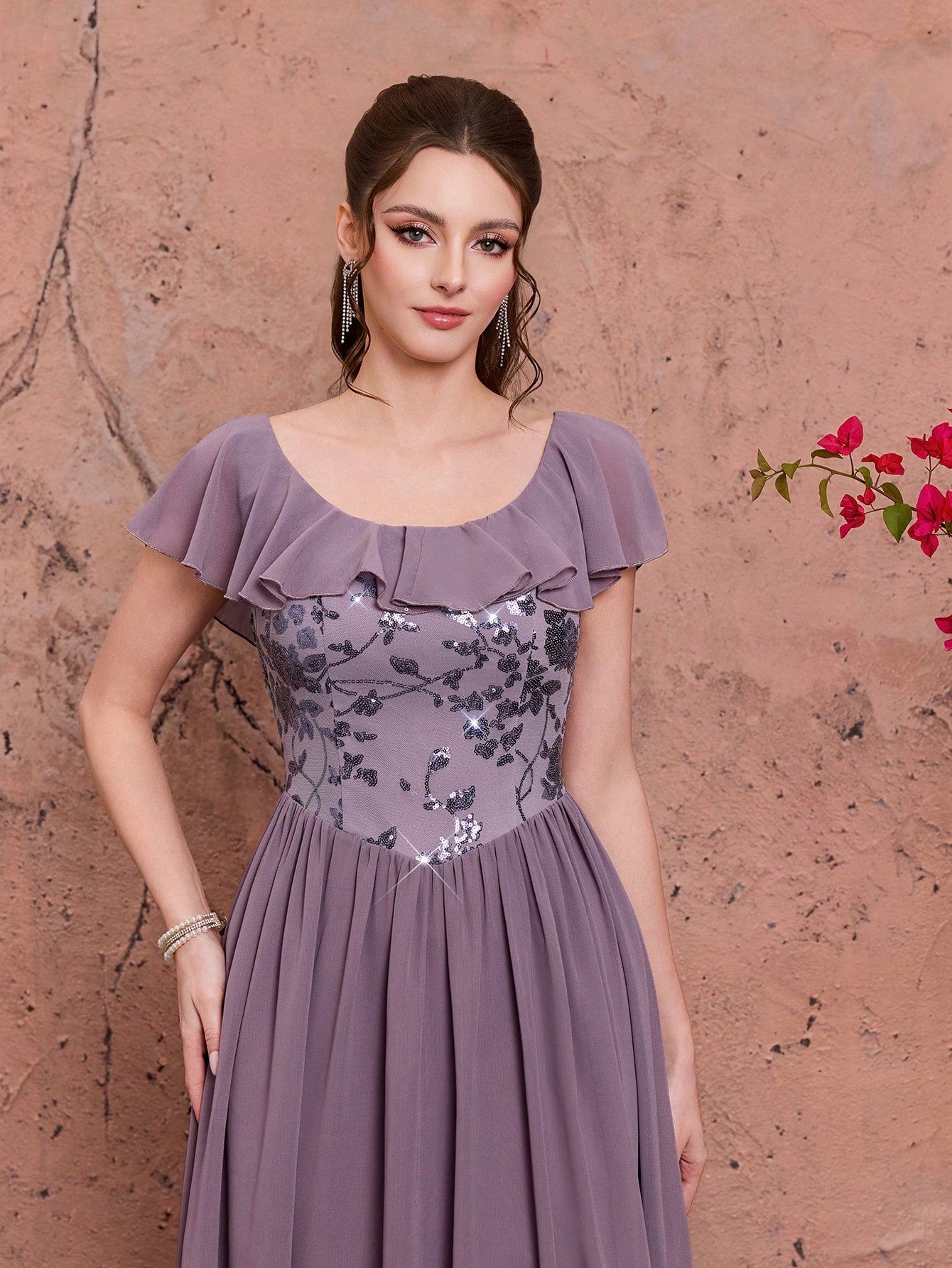 Light Purple Floral Sequin Chiffon Maxi Dress,Elegant Summer Gown For Wedding, Prom, Dinner, Party, Date, Vacation & Festival Outfits