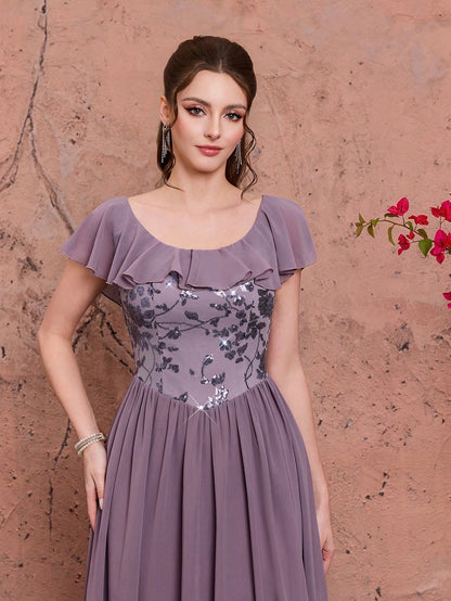 Light Purple Floral Sequin Chiffon Maxi Dress,Elegant Summer Gown For Wedding, Prom, Dinner, Party, Date, Vacation & Festival Outfits
