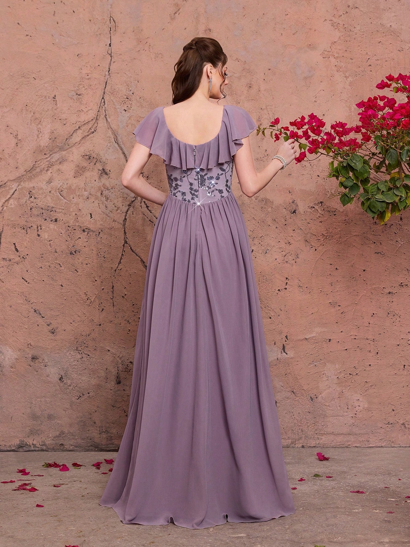 Light Purple Floral Sequin Chiffon Maxi Dress,Elegant Summer Gown For Wedding, Prom, Dinner, Party, Date, Vacation & Festival Outfits