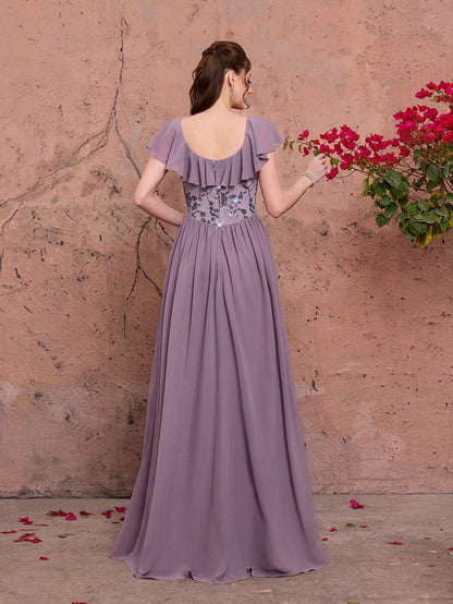 Light Purple Floral Sequin Chiffon Maxi Dress,Elegant Summer Gown For Wedding, Prom, Dinner, Party, Date, Vacation & Festival Outfits