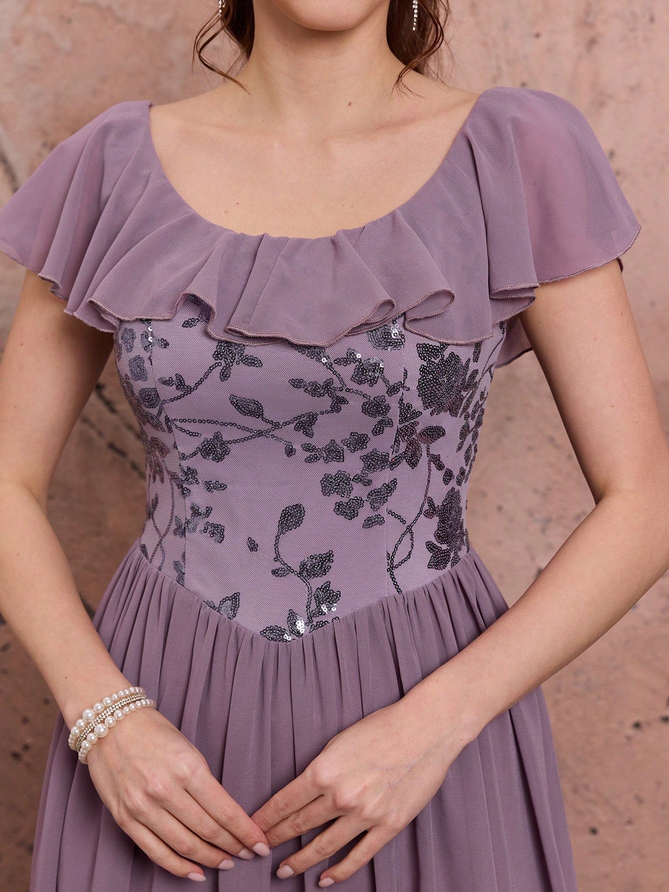 Light Purple Floral Sequin Chiffon Maxi Dress,Elegant Summer Gown For Wedding, Prom, Dinner, Party, Date, Vacation & Festival Outfits
