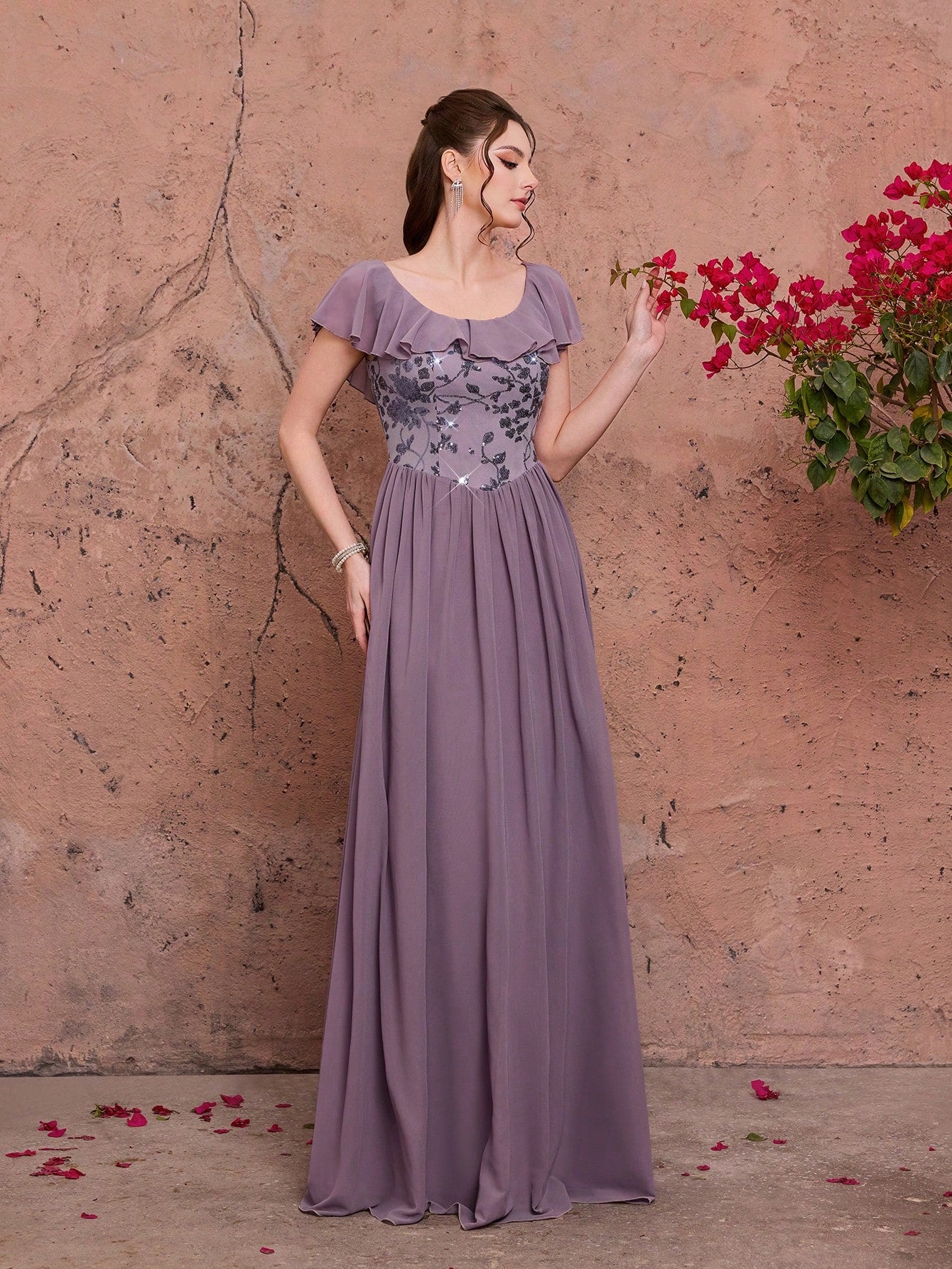 Light Purple Floral Sequin Chiffon Maxi Dress,Elegant Summer Gown For Wedding, Prom, Dinner, Party, Date, Vacation & Festival Outfits