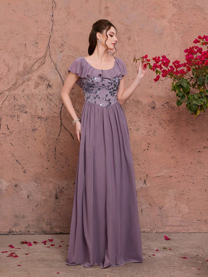 Light Purple Floral Sequin Chiffon Maxi Dress,Elegant Summer Gown For Wedding, Prom, Dinner, Party, Date, Vacation & Festival Outfits