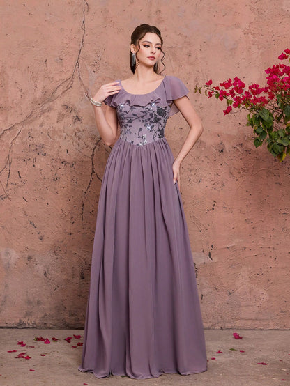 Light Purple Floral Sequin Chiffon Maxi Dress,Elegant Summer Gown For Wedding, Prom, Dinner, Party, Date, Vacation & Festival Outfits