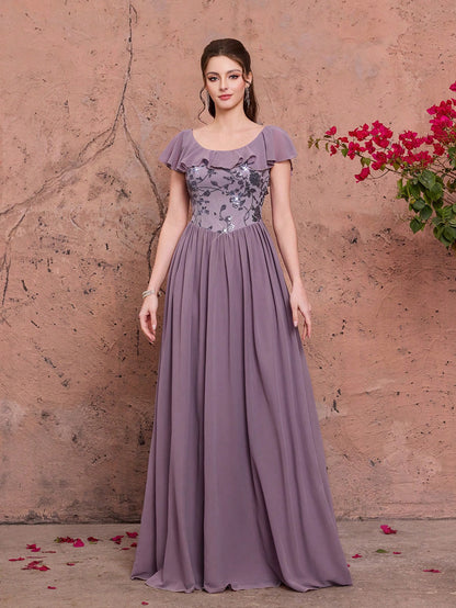 Light Purple Floral Sequin Chiffon Maxi Dress,Elegant Summer Gown For Wedding, Prom, Dinner, Party, Date, Vacation & Festival Outfits