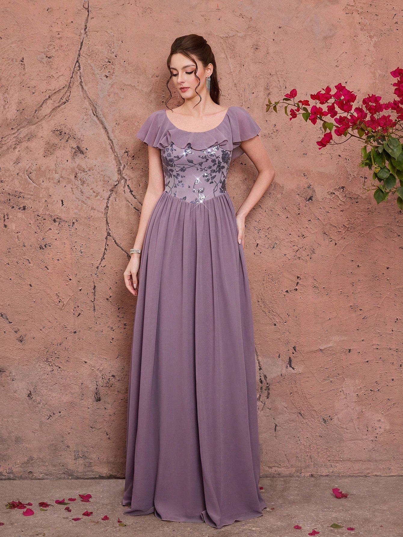 Light Purple Floral Sequin Chiffon Maxi Dress,Elegant Summer Gown For Wedding, Prom, Dinner, Party, Date, Vacation & Festival Outfits