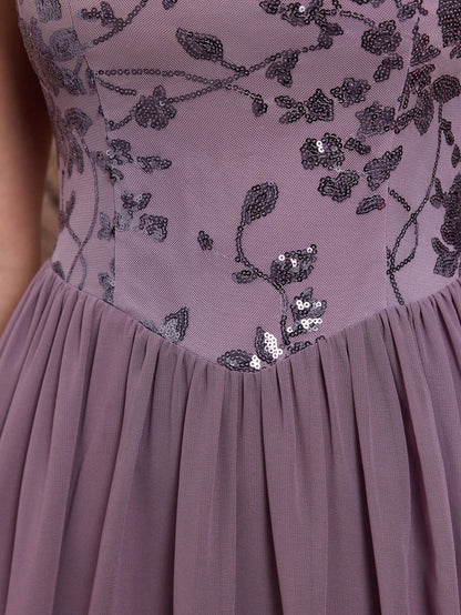 Light Purple Floral Sequin Chiffon Maxi Dress,Elegant Summer Gown For Wedding, Prom, Dinner, Party, Date, Vacation & Festival Outfits