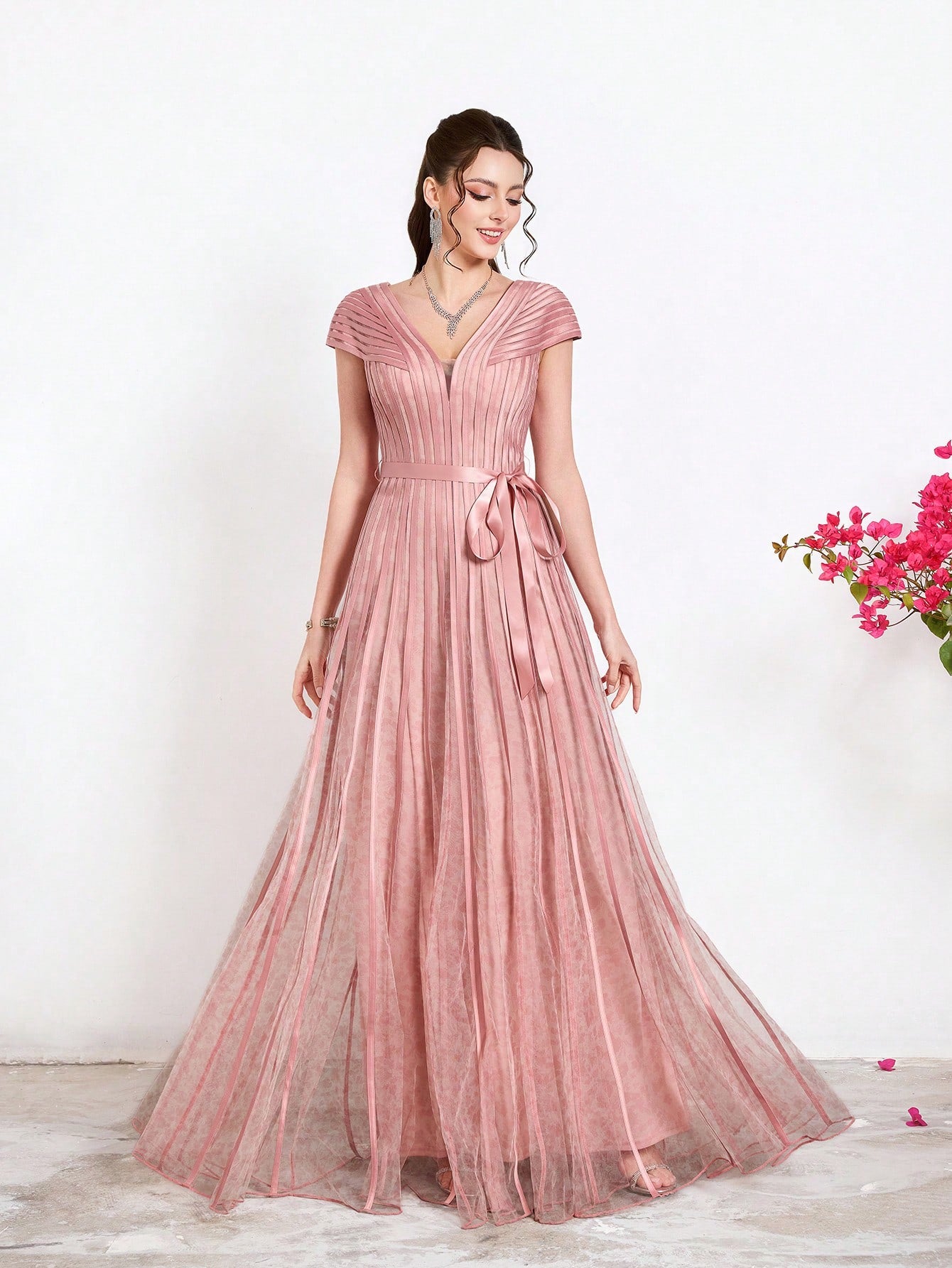New Arrival,V-Neck, Printed Mesh, Airplane Sleeves, Tie, Long Skirt With A Big Swing, High-End, Evening Dress,Summer,Festival For Women