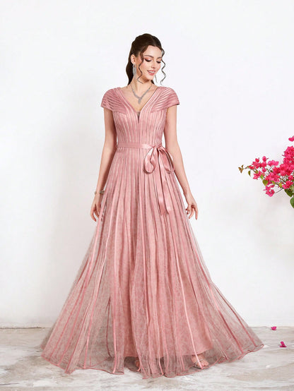New Arrival,V-Neck, Printed Mesh, Airplane Sleeves, Tie, Long Skirt With A Big Swing, High-End, Evening Dress,Summer,Festival For Women