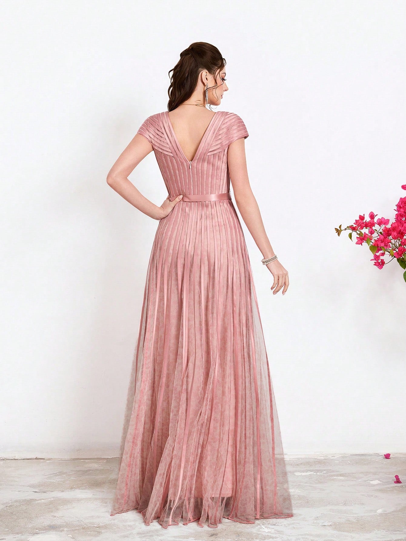 New Arrival,V-Neck, Printed Mesh, Airplane Sleeves, Tie, Long Skirt With A Big Swing, High-End, Evening Dress,Summer,Festival For Women
