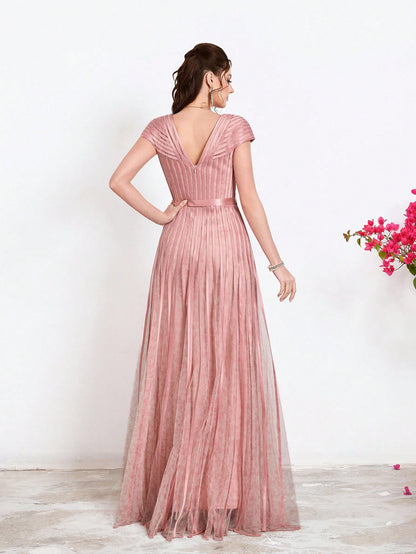 New Arrival,V-Neck, Printed Mesh, Airplane Sleeves, Tie, Long Skirt With A Big Swing, High-End, Evening Dress,Summer,Festival For Women