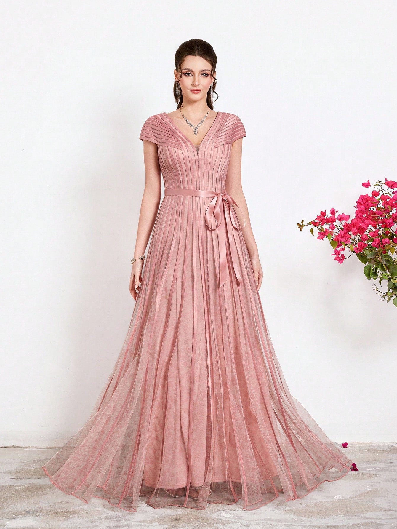New Arrival,V-Neck, Printed Mesh, Airplane Sleeves, Tie, Long Skirt With A Big Swing, High-End, Evening Dress,Summer,Festival For Women