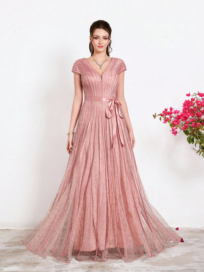 New Arrival,V-Neck, Printed Mesh, Airplane Sleeves, Tie, Long Skirt With A Big Swing, High-End, Evening Dress,Summer,Festival For Women