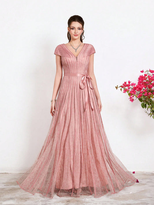 New Arrival,V-Neck, Printed Mesh, Airplane Sleeves, Tie, Long Skirt With A Big Swing, High-End, Evening Dress,Summer,Festival For Women
