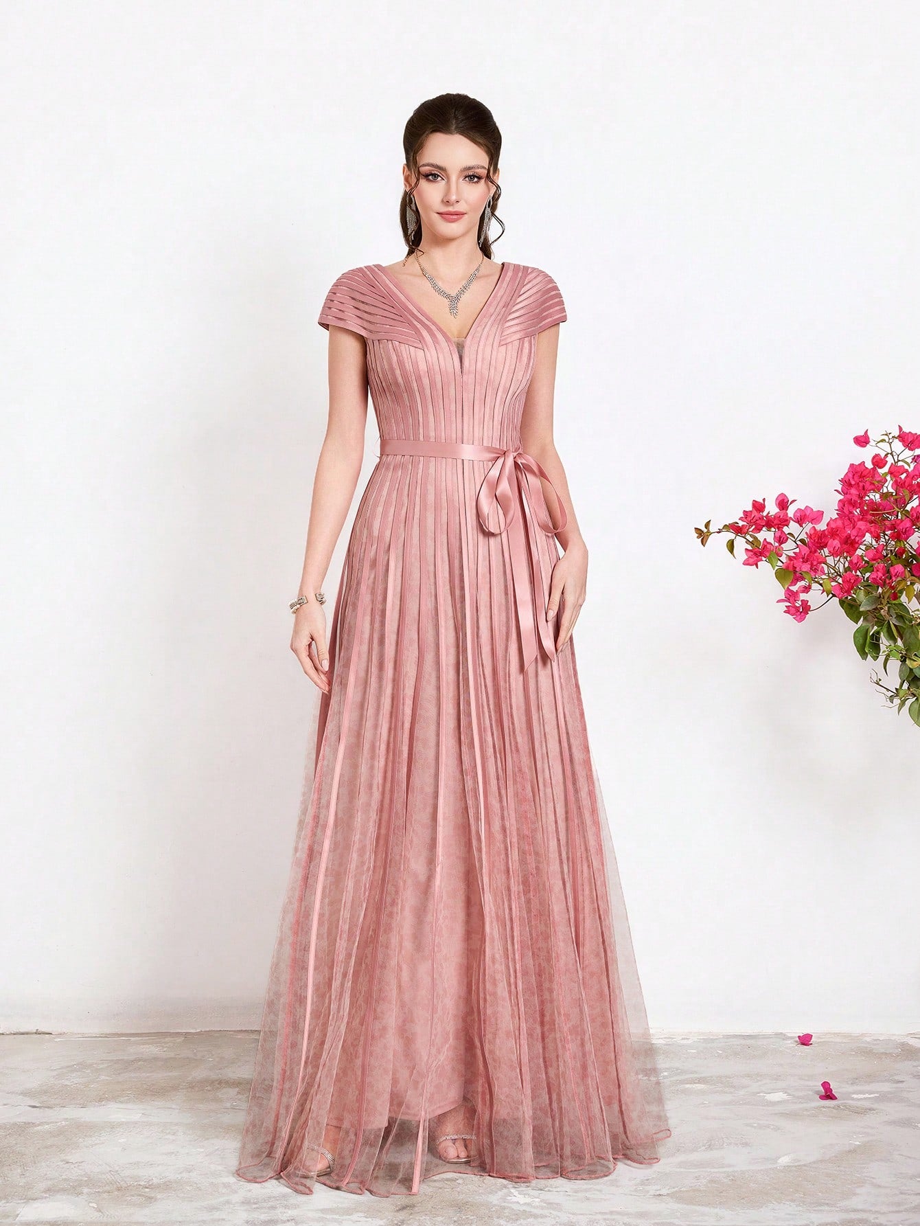 New Arrival,V-Neck, Printed Mesh, Airplane Sleeves, Tie, Long Skirt With A Big Swing, High-End, Evening Dress,Summer,Festival For Women