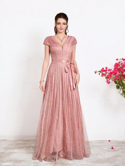 New Arrival,V-Neck, Printed Mesh, Airplane Sleeves, Tie, Long Skirt With A Big Swing, High-End, Evening Dress,Summer,Festival For Women