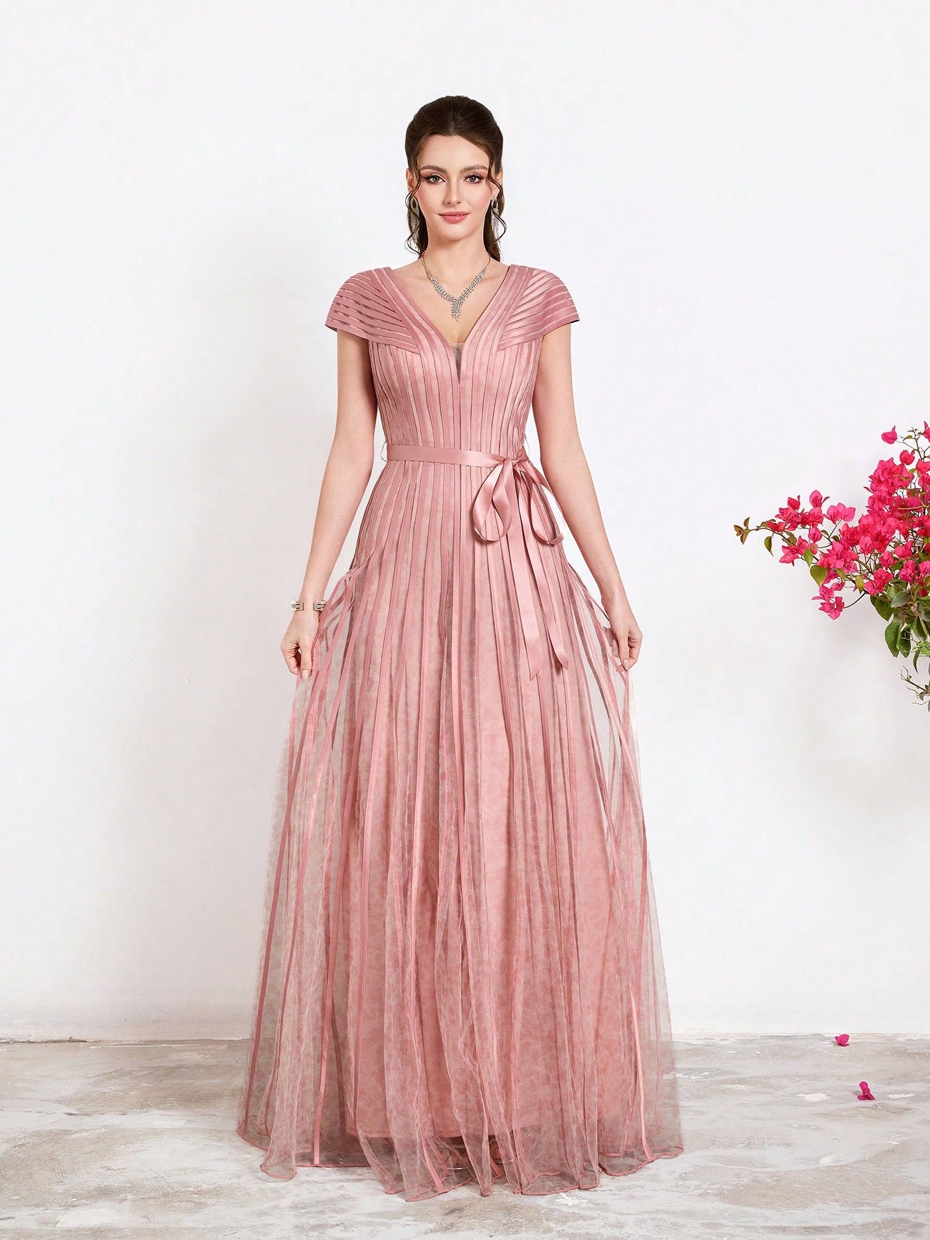 New Arrival,V-Neck, Printed Mesh, Airplane Sleeves, Tie, Long Skirt With A Big Swing, High-End, Evening Dress,Summer,Festival For Women