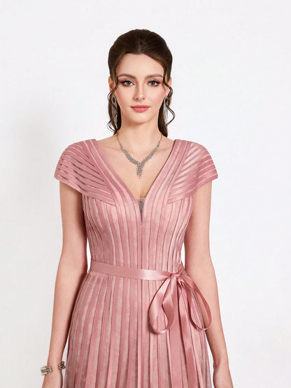New Arrival,V-Neck, Printed Mesh, Airplane Sleeves, Tie, Long Skirt With A Big Swing, High-End, Evening Dress,Summer,Festival For Women
