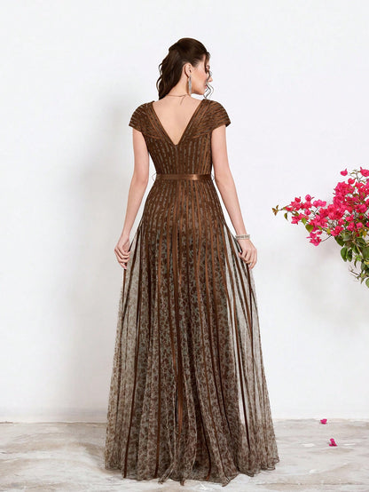 New Arrival,V-Neck, Printed Mesh, Airplane Sleeves, Tie, Long Skirt With A Big Swing, High-End, Evening Dress,Summer,Festival For Women