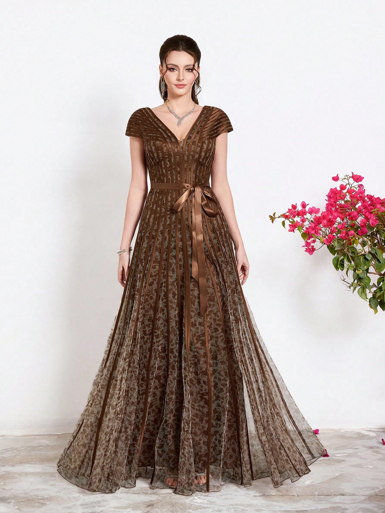 New Arrival,V-Neck, Printed Mesh, Airplane Sleeves, Tie, Long Skirt With A Big Swing, High-End, Evening Dress,Summer,Festival For Women