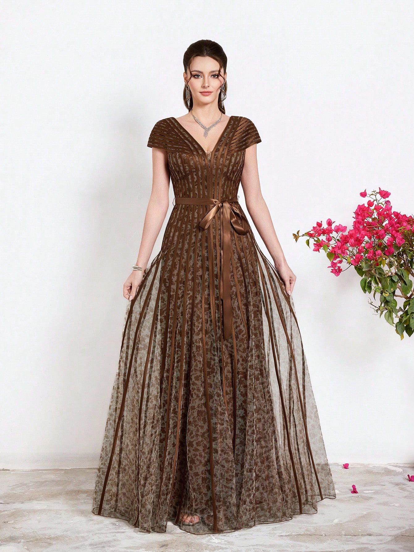 New Arrival,V-Neck, Printed Mesh, Airplane Sleeves, Tie, Long Skirt With A Big Swing, High-End, Evening Dress,Summer,Festival For Women