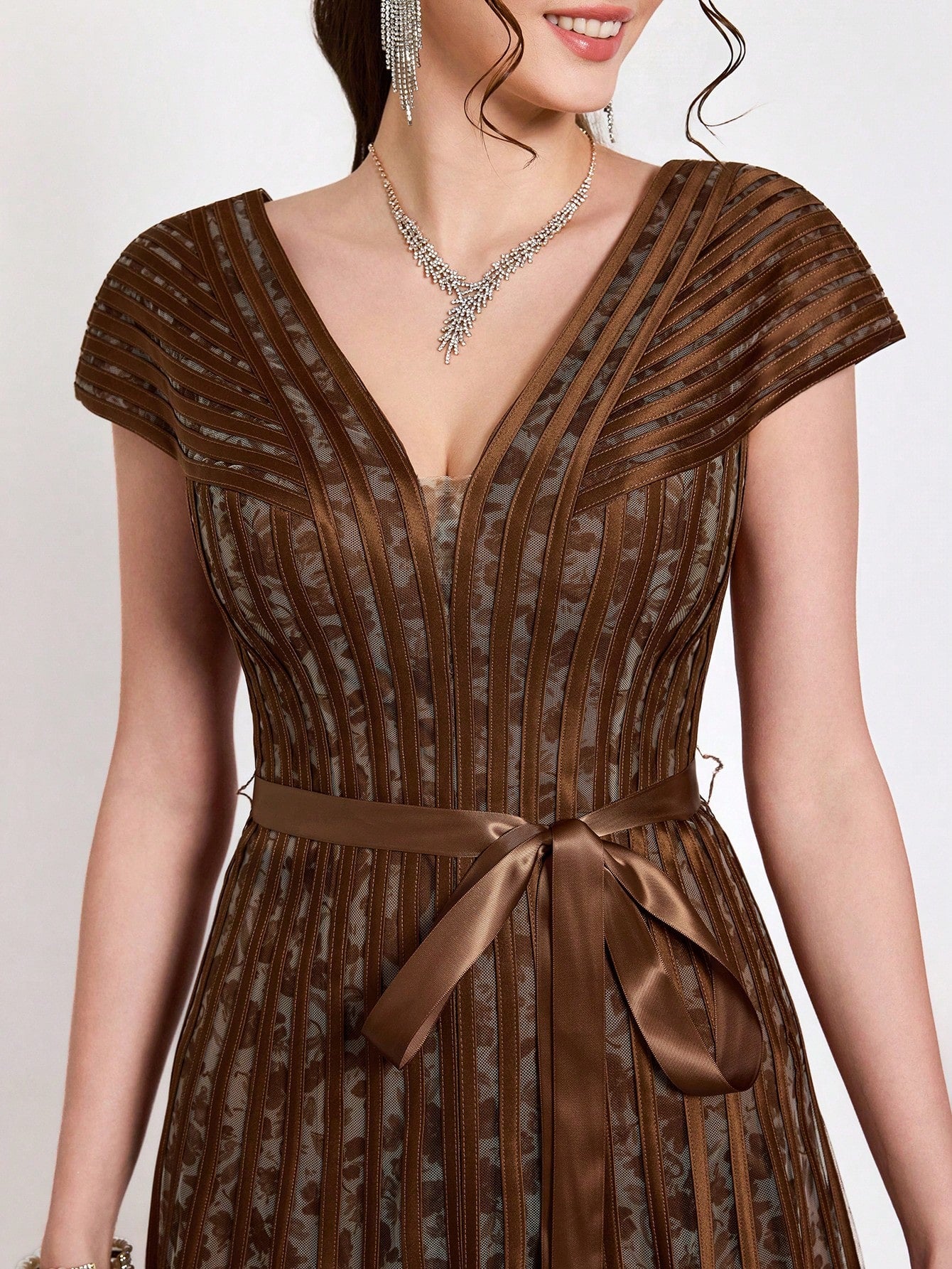 New Arrival,V-Neck, Printed Mesh, Airplane Sleeves, Tie, Long Skirt With A Big Swing, High-End, Evening Dress,Summer,Festival For Women