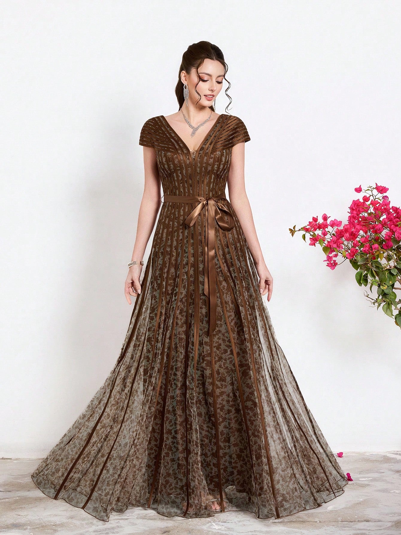 New Arrival,V-Neck, Printed Mesh, Airplane Sleeves, Tie, Long Skirt With A Big Swing, High-End, Evening Dress,Summer,Festival For Women