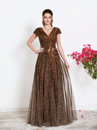New Arrival,V-Neck, Printed Mesh, Airplane Sleeves, Tie, Long Skirt With A Big Swing, High-End, Evening Dress,Summer,Festival For Women