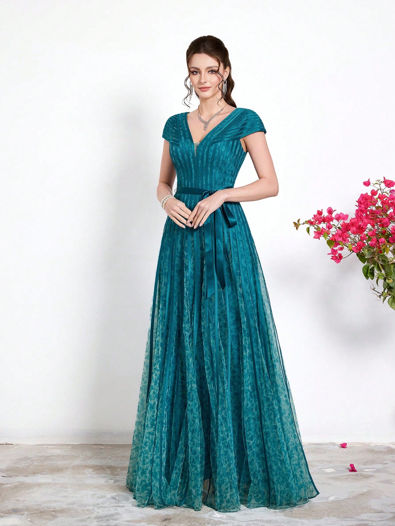 New Arrival,V-Neck, Printed Mesh, Airplane Sleeves, Tie, Long Skirt With A Big Swing, High-End, Evening Dress,Summer,Festival For Women