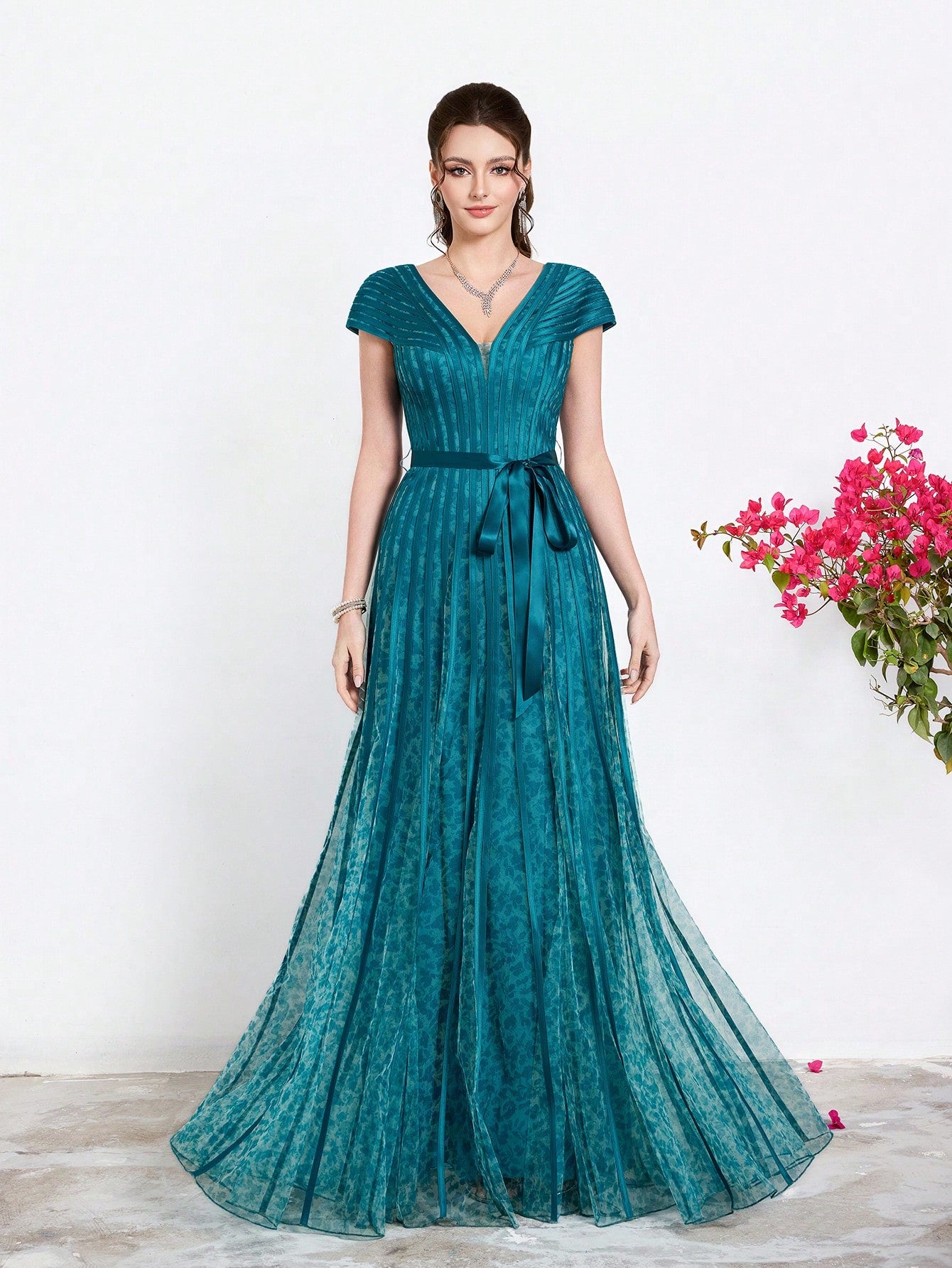 New Arrival,V-Neck, Printed Mesh, Airplane Sleeves, Tie, Long Skirt With A Big Swing, High-End, Evening Dress,Summer,Festival For Women